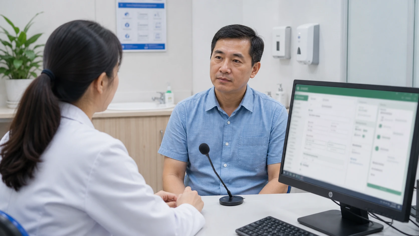 Bác sĩ duy trì giao tiếp mắt với người bệnh trong khi hệ thống tự ghi bệnh án
