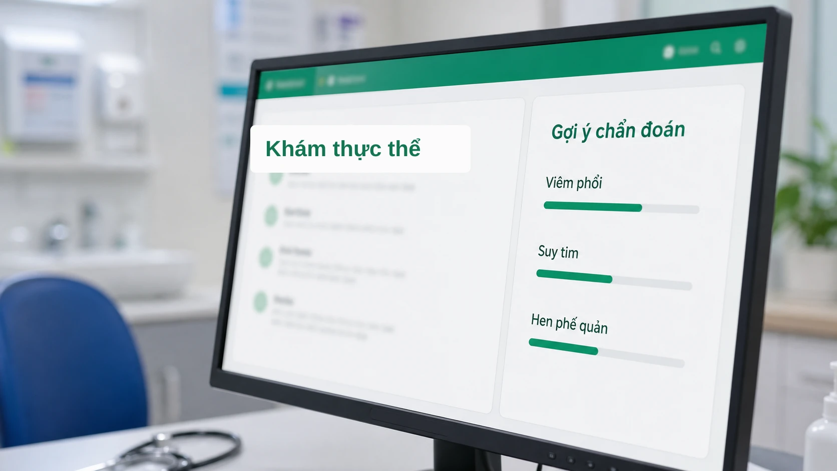 Màn hình phần mềm hiển thị gợi ý chẩn đoán phân biệt do AI đề xuất trong lúc thăm khám