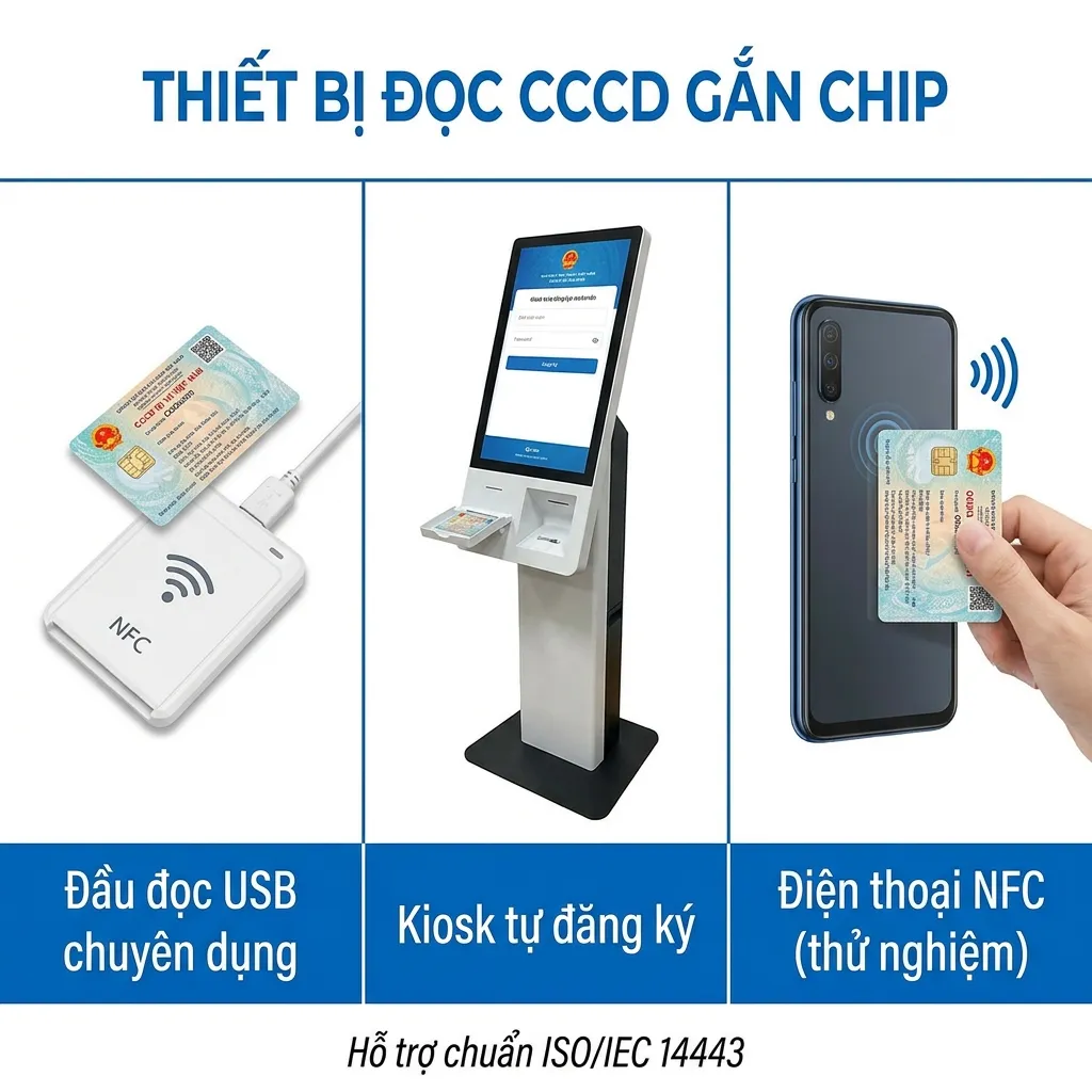 Các loại đầu đọc CCCD gắn chip: đầu đọc USB, kiosk tự đăng ký và điện thoại NFC