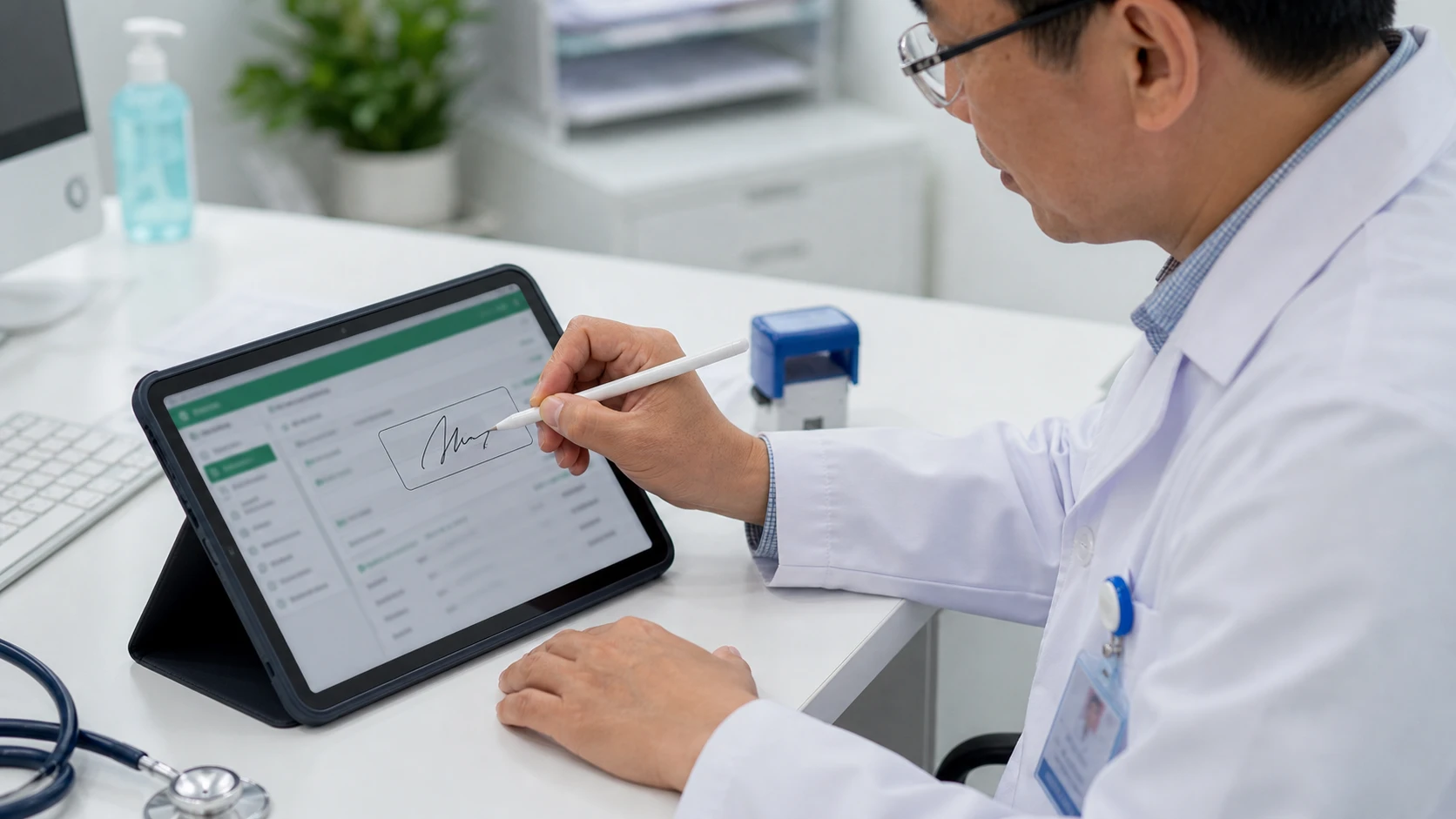 Bác sĩ ký số đơn thuốc điện tử trên máy tính bảng tại phòng khám