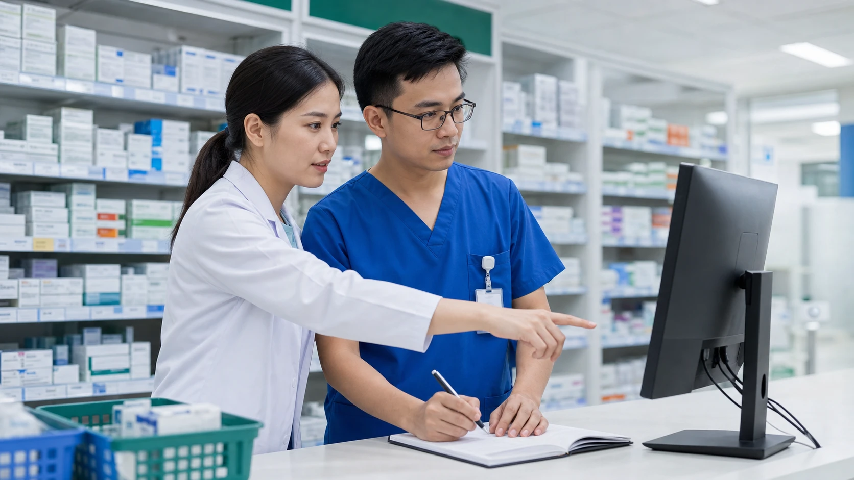 Bác sĩ và dược sĩ phối hợp xử lý lỗi đồng bộ đơn thuốc điện tử trên hệ thống