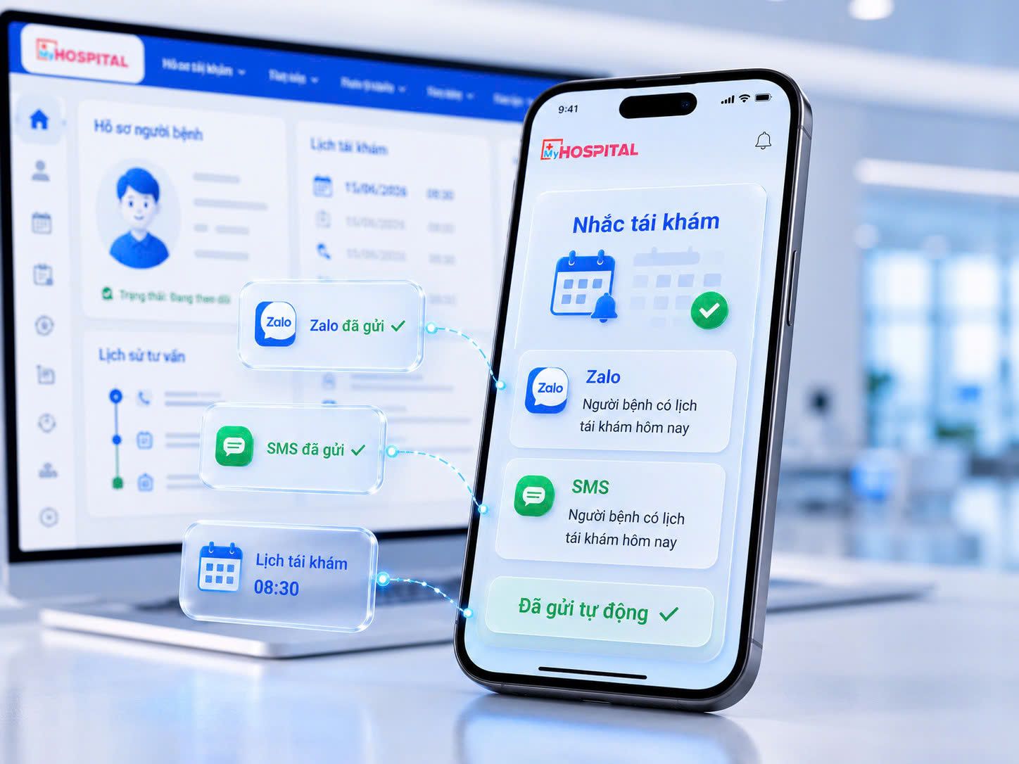 Đội ngũ chăm sóc người bệnh sử dụng CRM MyHospital để nhắc tái khám và chăm sóc đa kênh