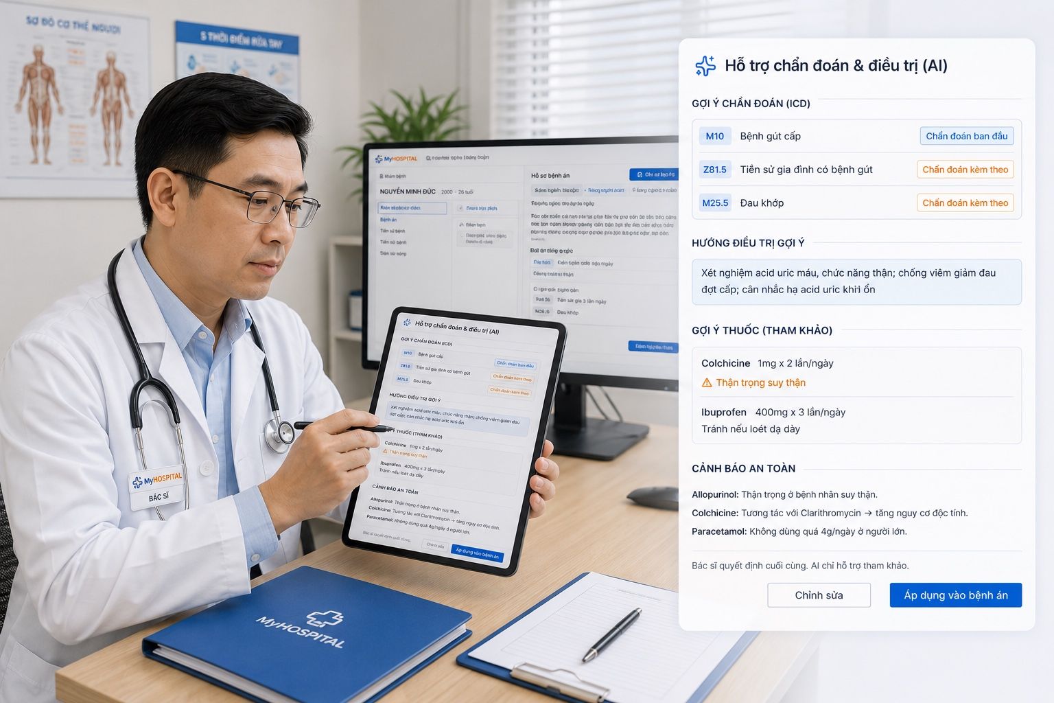 Bác sĩ dùng AI gợi ý chẩn đoán ICD, hướng điều trị và thuốc trên máy tính bảng MyHospital