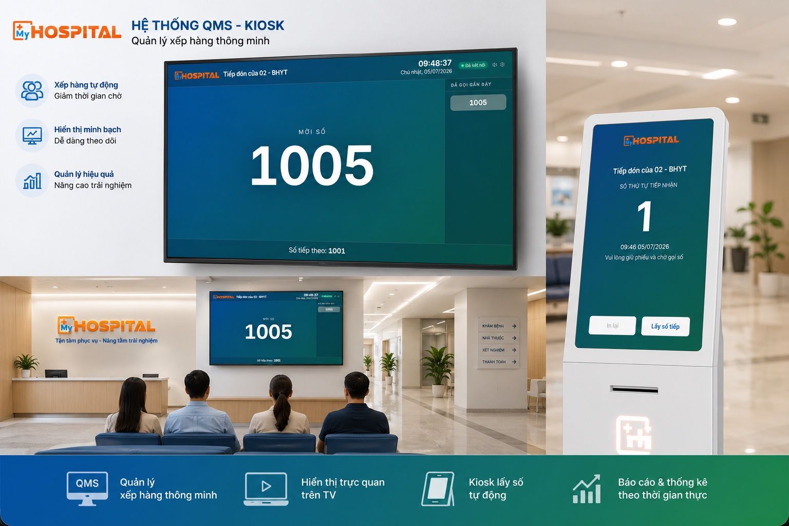 Hệ thống QMS - Kiosk MyHospital: màn hình TV gọi số, kiosk lấy số tự động và khu chờ tiếp đón bệnh viện