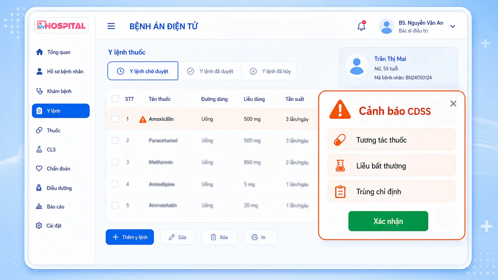 Giao diện AI CDSS cảnh báo tương tác thuốc khi ra y lệnh