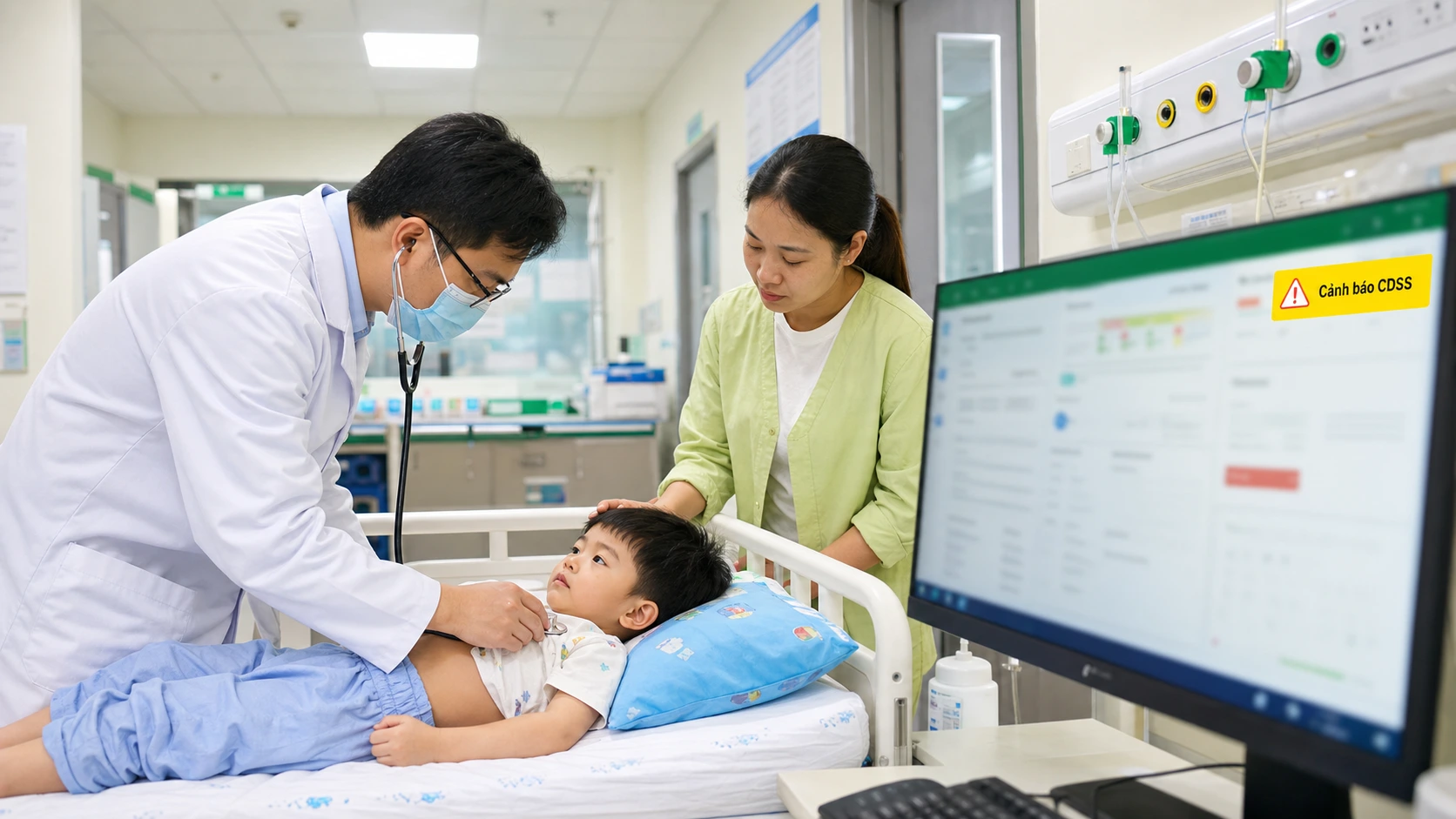 Bác sĩ nhi khám trẻ với màn hình HIS hiển thị cảnh báo CDSS
