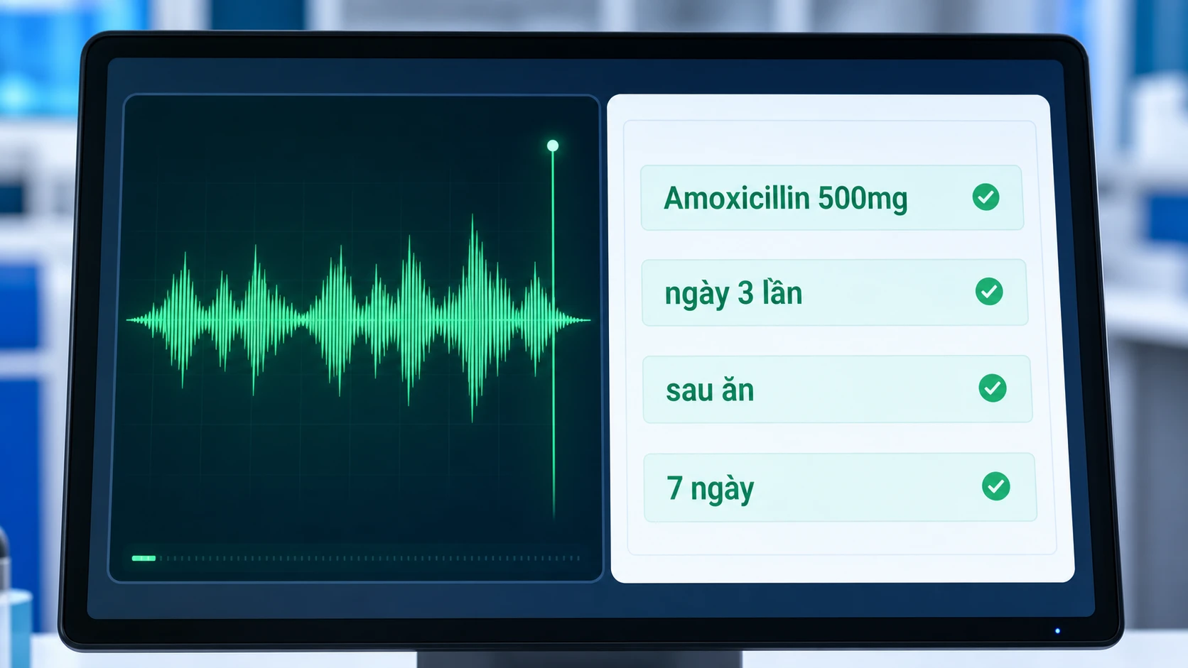 Sóng âm giọng nói bác sĩ chuyển thành văn bản thuốc trên màn hình