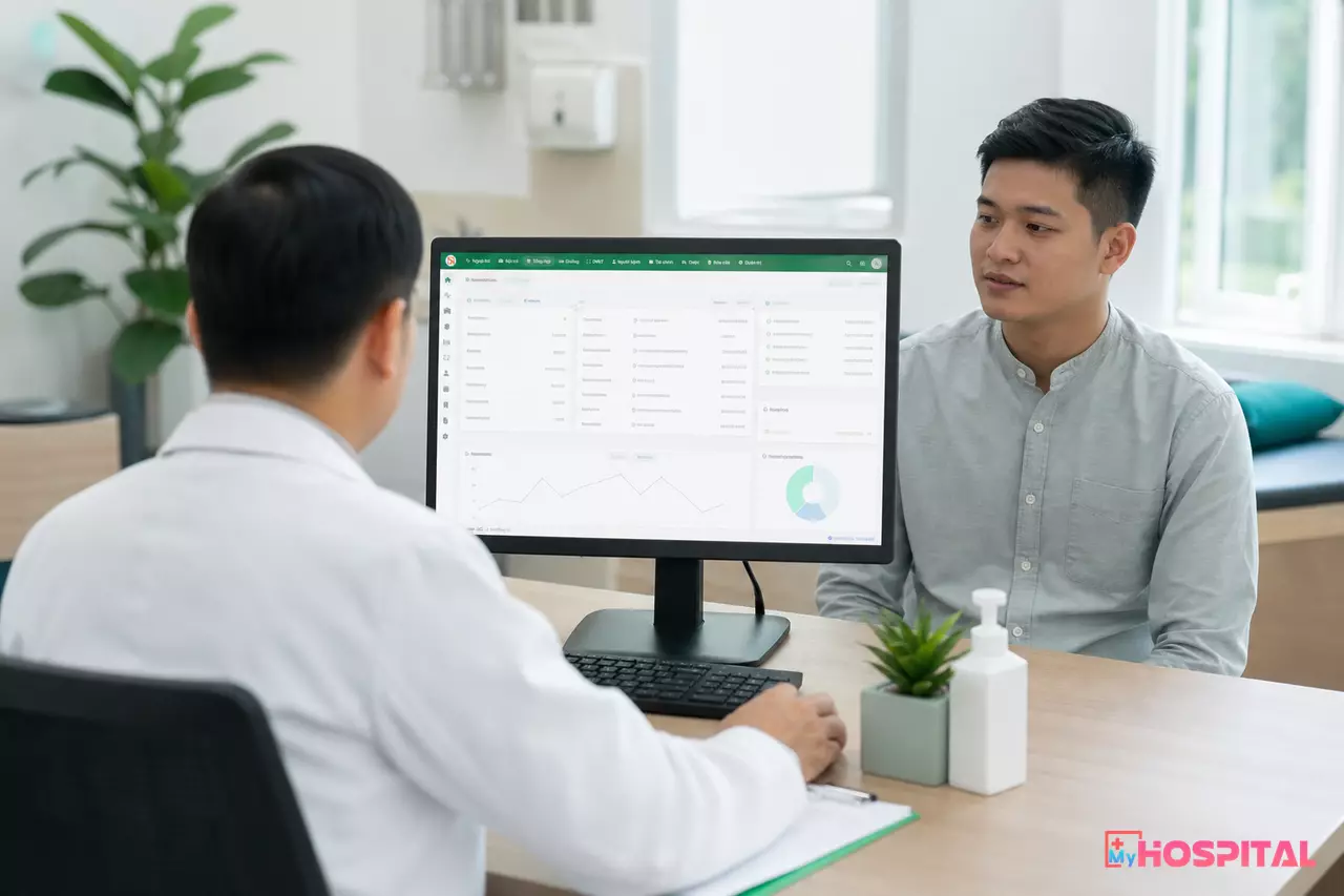 Bác sĩ lập chỉ định chụp cho người bệnh trên phần mềm tại phòng khám