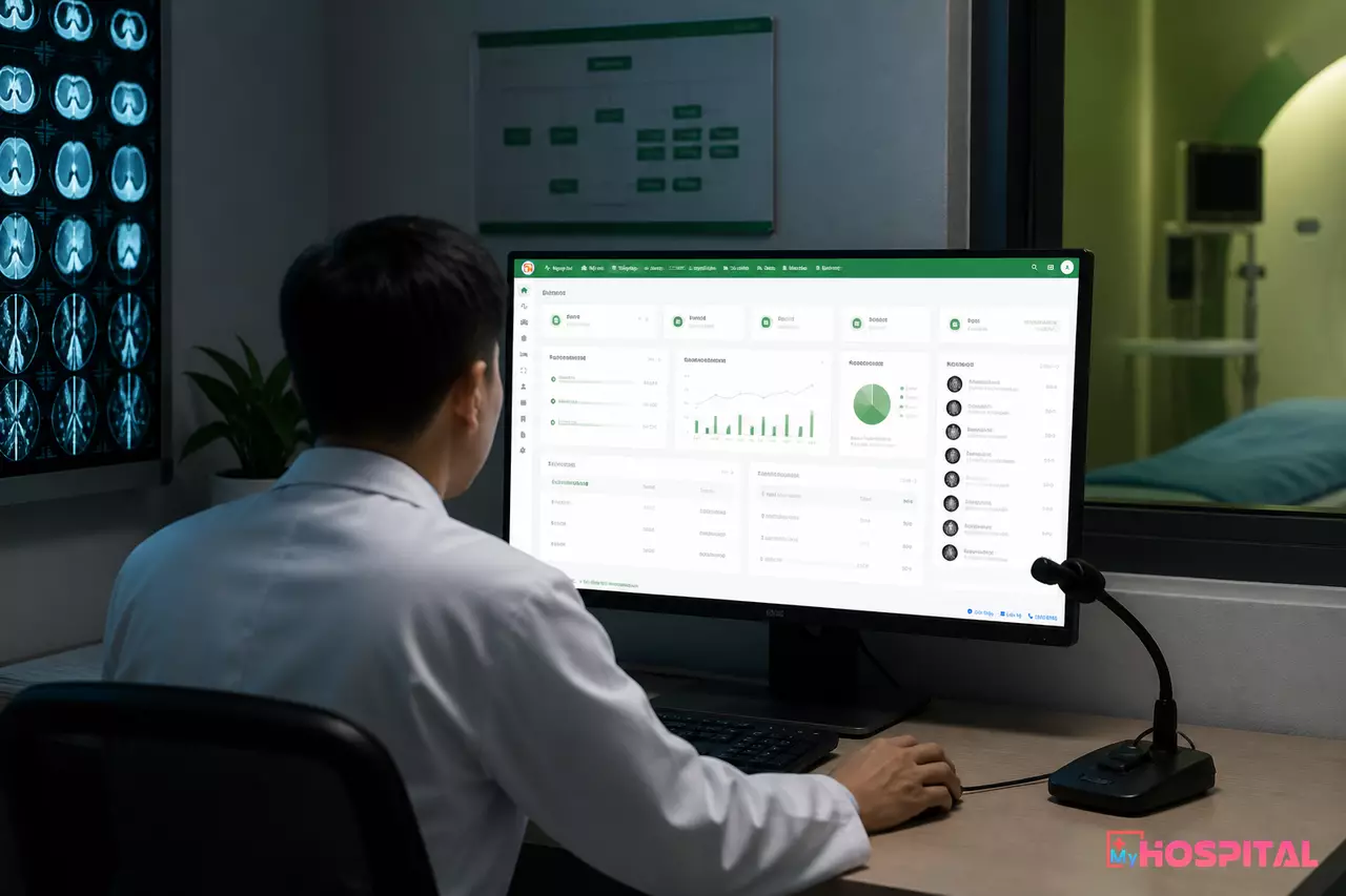 Bác sĩ chẩn đoán hình ảnh ngồi đọc phim trên màn hình lớn trong phòng đọc, hệ thống hiển thị ảnh và khung soạn kết quả
