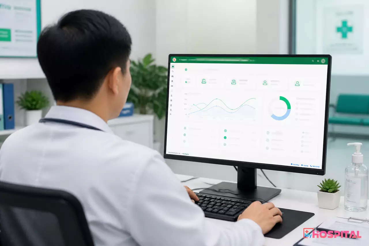 Bác sĩ nhìn từ phía sau đang ký đơn thuốc điện tử trên máy tính tại phòng khám bệnh viện