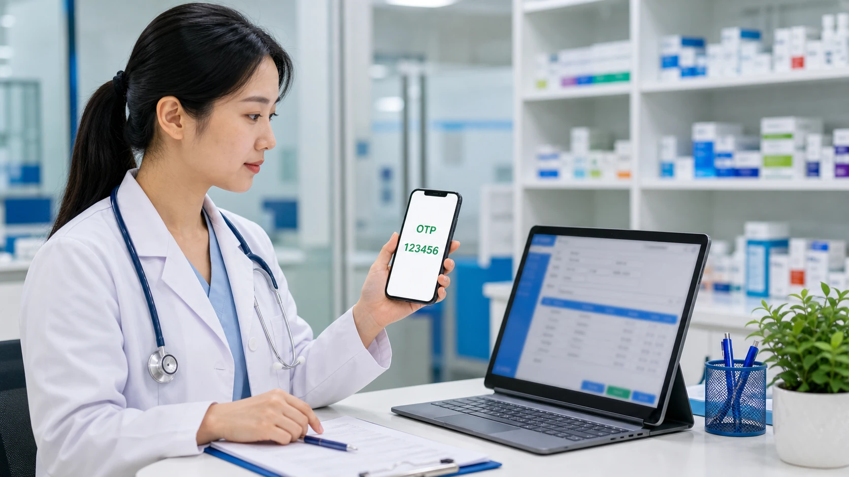 Bác sĩ xác thực OTP trên điện thoại để ký số đơn thuốc từ xa