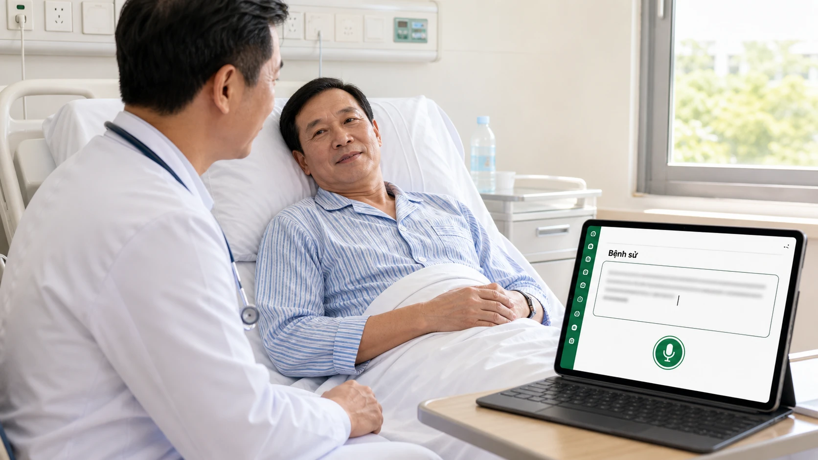 Bác sĩ Nội khoa sử dụng tính năng nhập giọng nói trên phần mềm HIS MyHospital để điền bệnh án điện tử trong khi hỏi bệnh người bệnh