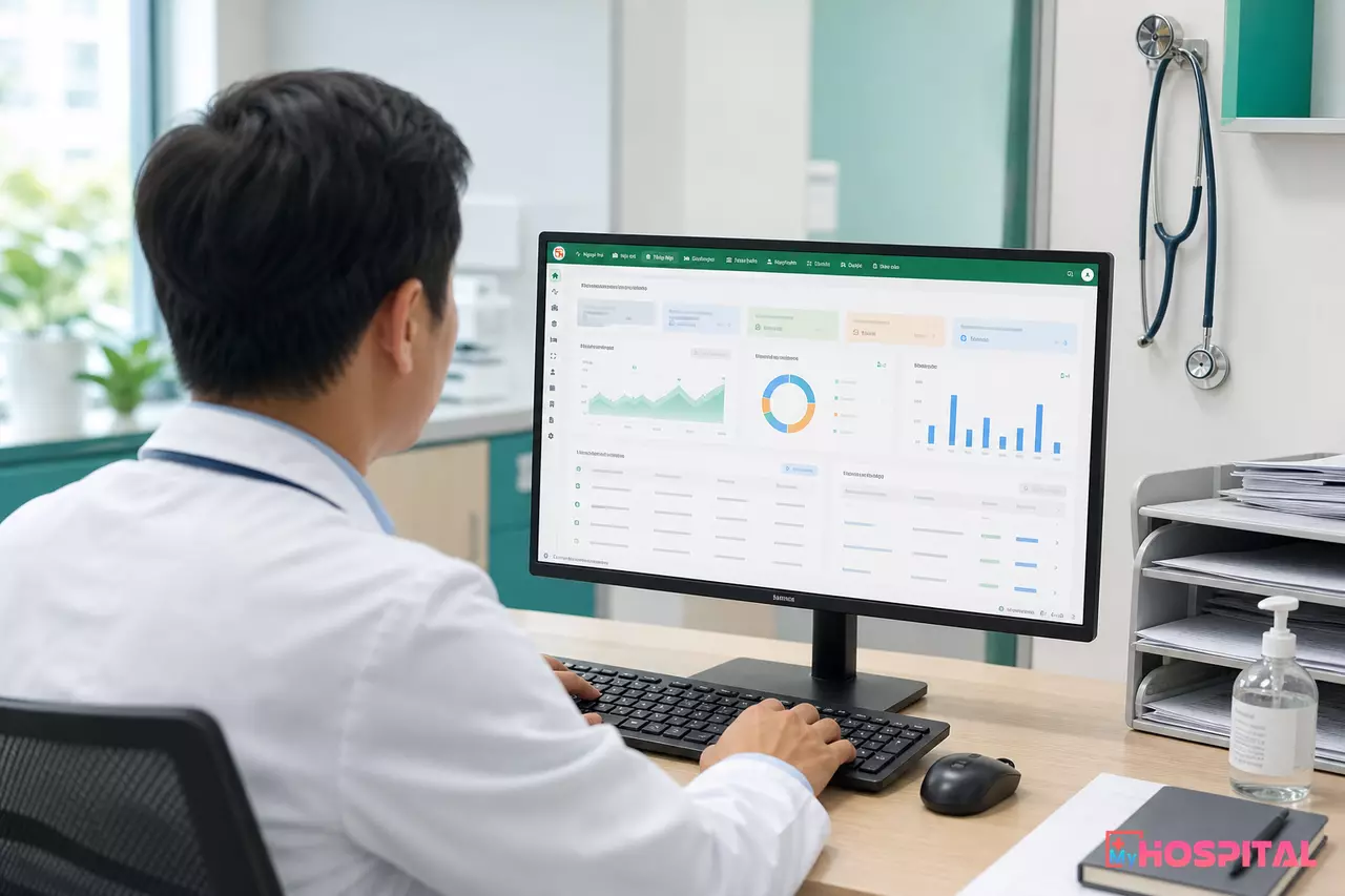Bác sĩ ngồi làm việc tại bàn khám với máy tính phía trước