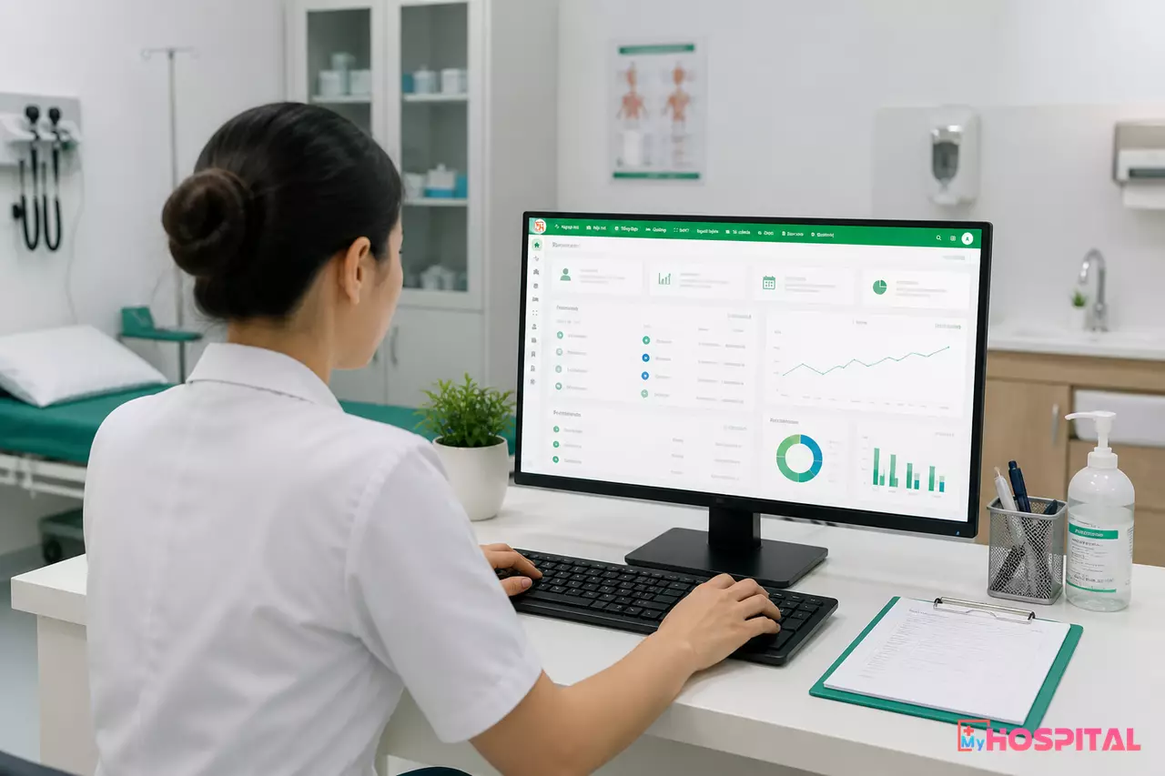 Bác sĩ nhìn từ sau lưng đang thao tác trên máy tính trong phòng khám bệnh viện