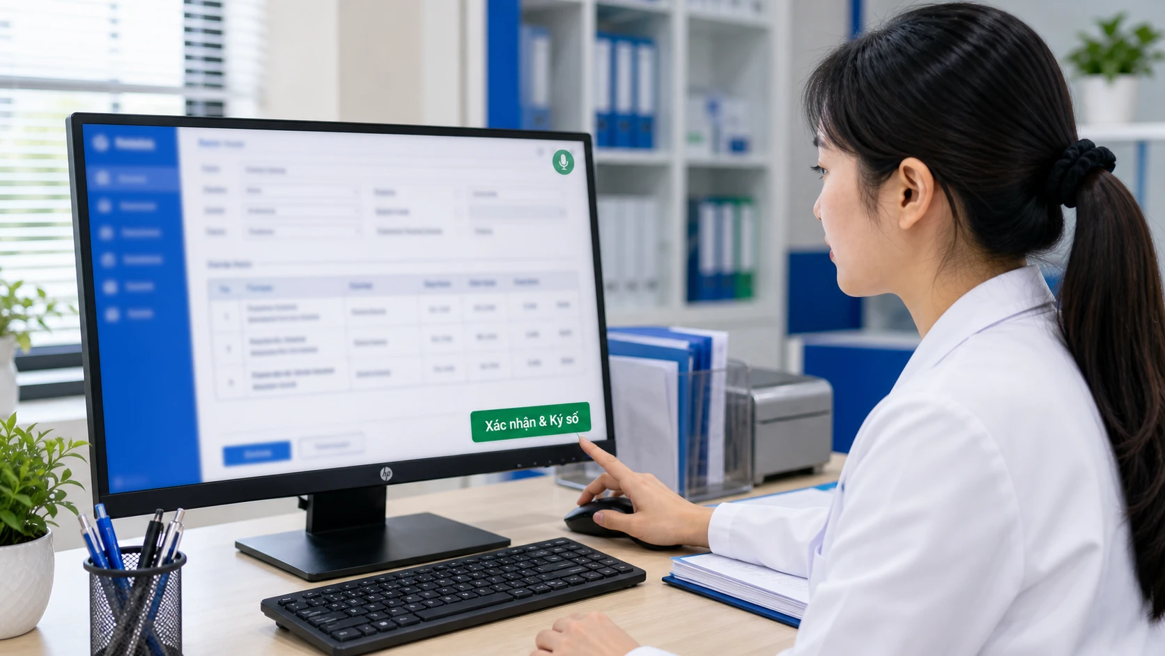 Bác sĩ xem lại và xác nhận đơn thuốc điện tử sau khi kê bằng giọng nói