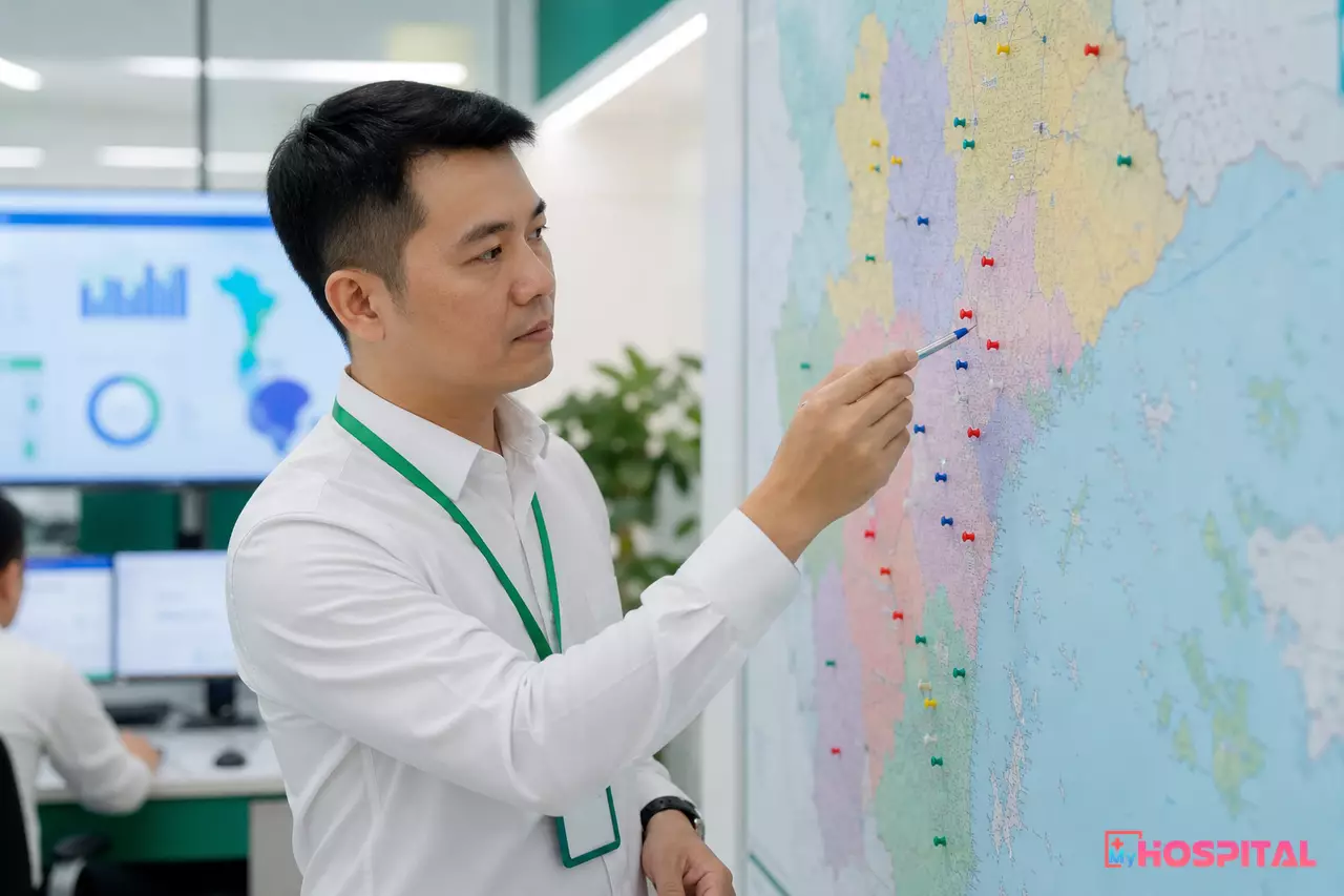 Chuyên viên kế hoạch tổng hợp cắm ghim màu trên bản đồ địa bàn để đánh dấu nơi cư trú của người bệnh