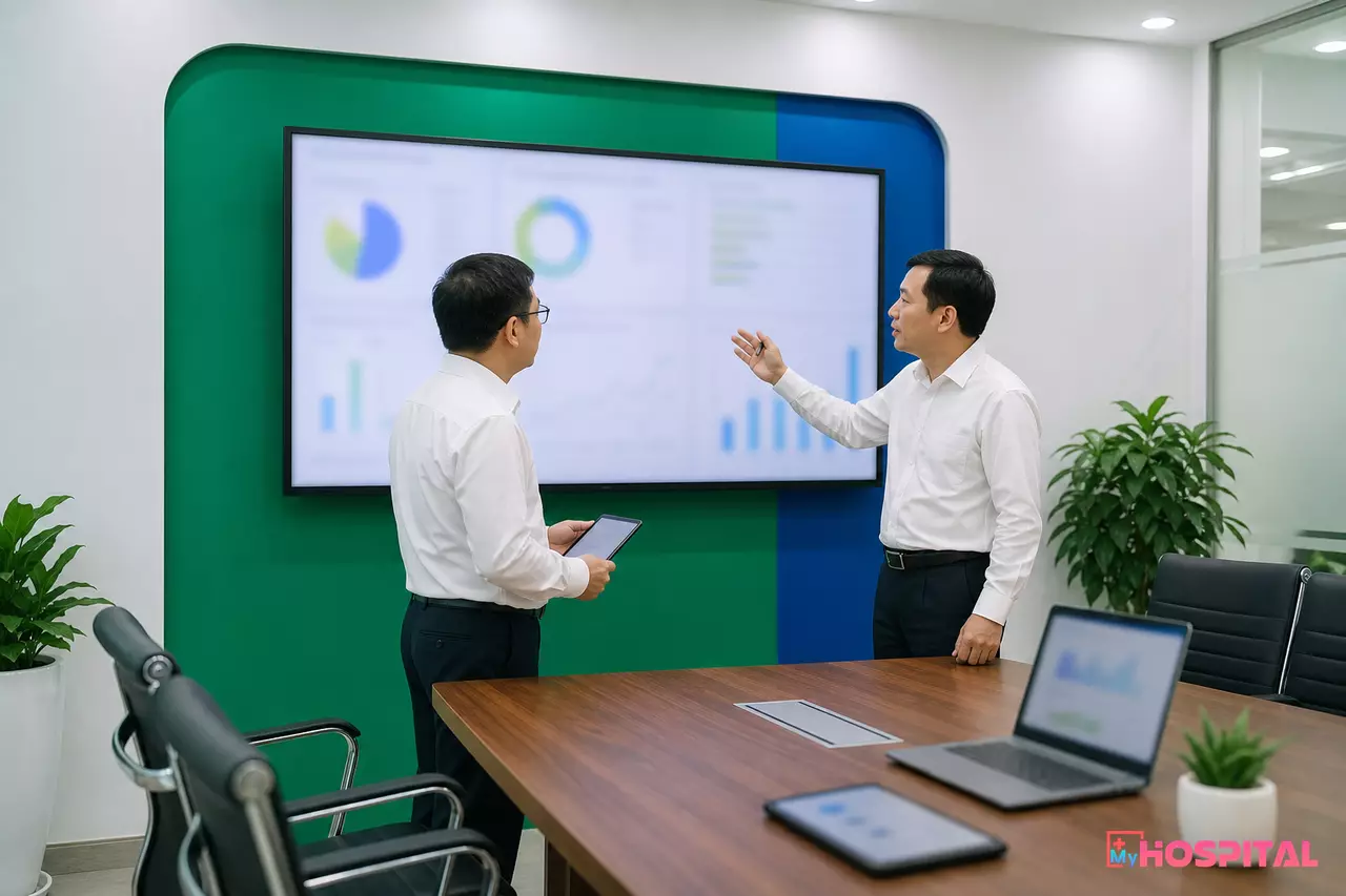 Ban giám đốc bệnh viện trao đổi bên bảng số liệu tiến độ số hóa quy trình khám chữa bệnh
