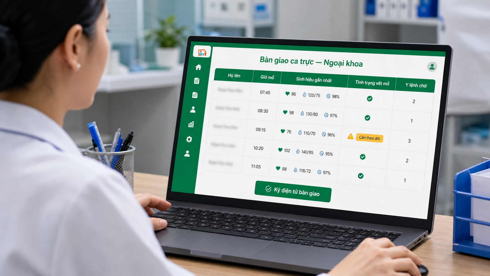 Màn hình bàn giao ca trực ngoại khoa trên phần mềm HIS