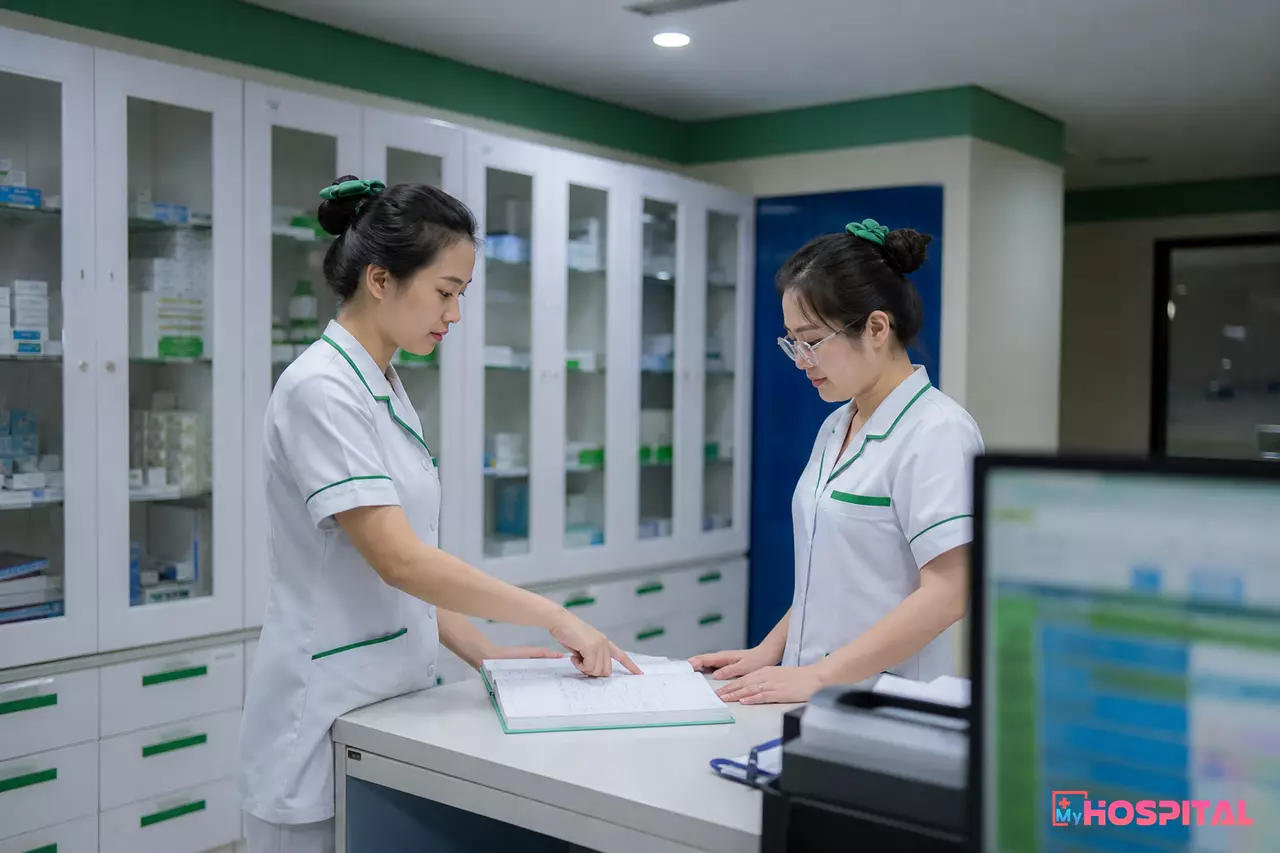 Điều dưỡng bàn giao thuốc và sổ trực giữa hai ca làm việc