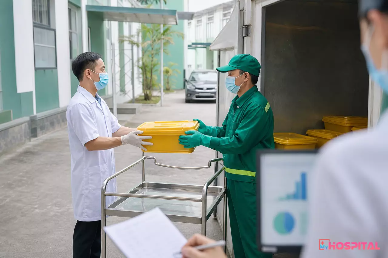 Nhân viên bàn giao thùng chất thải y tế chứa thuốc hết hạn cho đơn vị xử lý chuyên trách