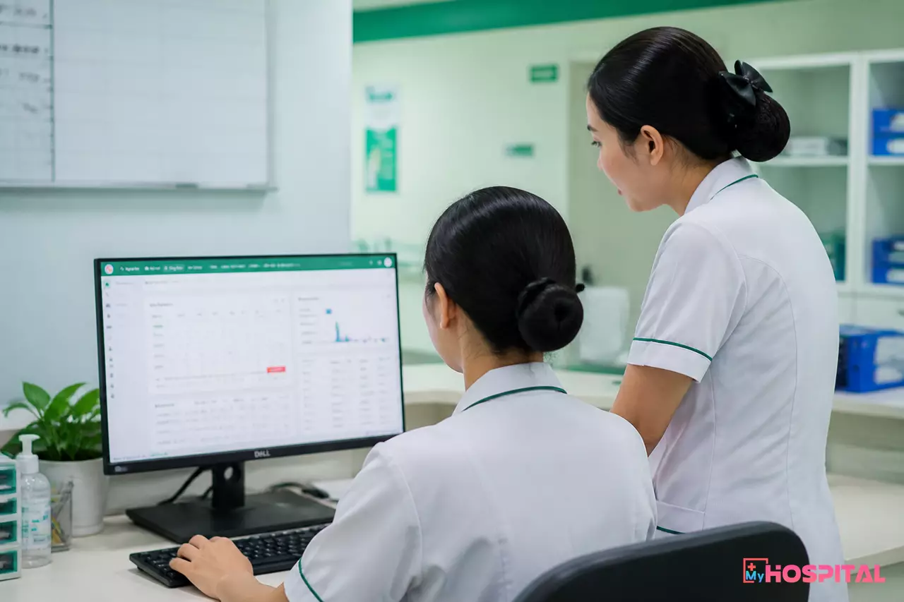 Hai điều dưỡng cùng xem màn hình bàn giao trực trên máy tính tại phòng điều dưỡng khoa nội trú