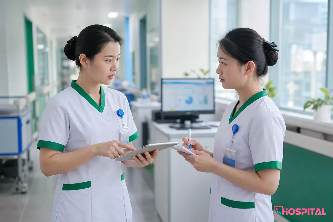 Hai điều dưỡng bàn giao ca trực bằng máy tính bảng hiển thị danh sách y lệnh đang hiệu lực