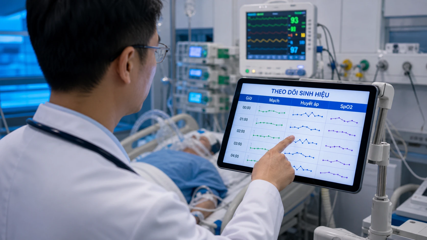 Giao diện theo dõi dấu hiệu sinh tồn theo giờ trên phần mềm ICU