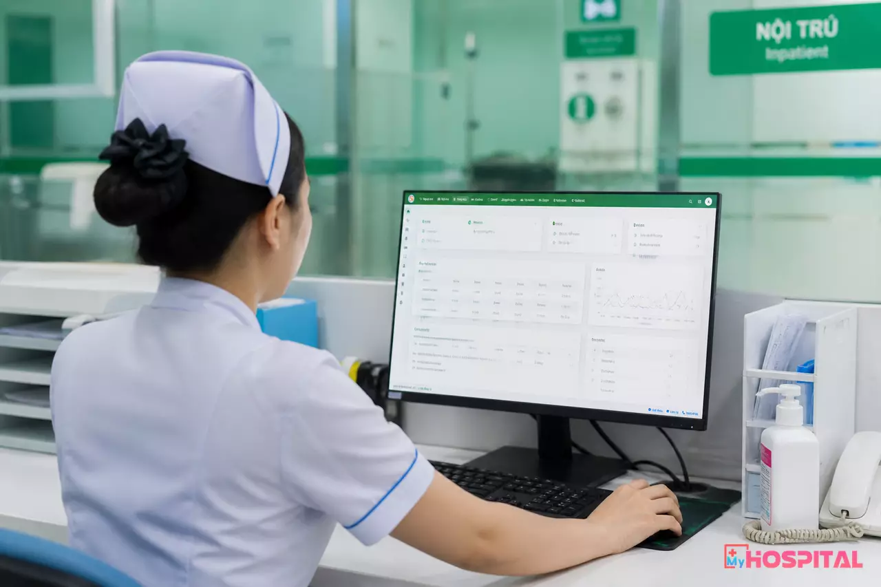 Điều dưỡng nhập chỉ số dấu hiệu sinh tồn trên máy tính tại quầy điều dưỡng khoa nội trú