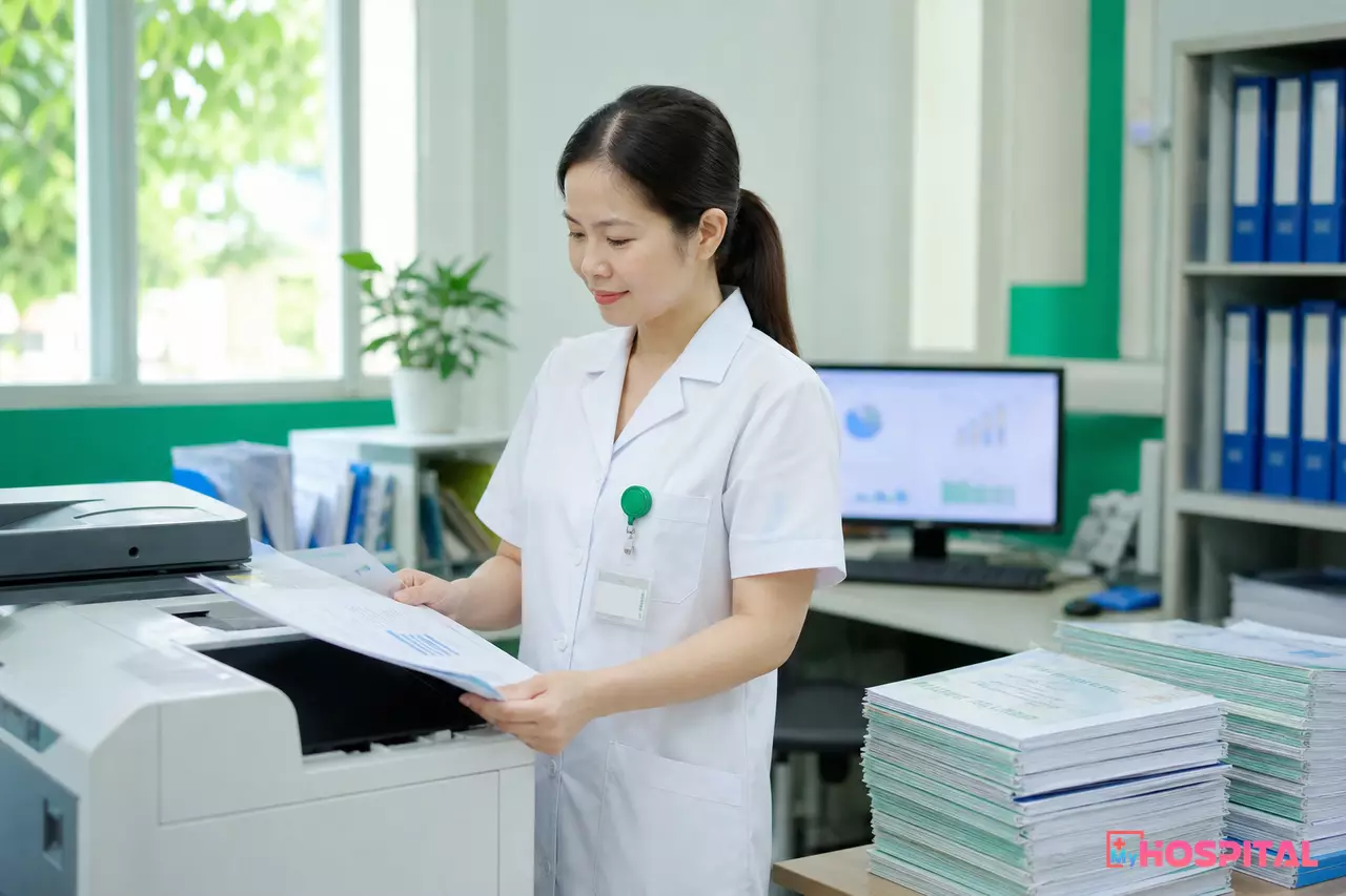 Cán bộ phòng kế hoạch tổng hợp nhận bộ báo cáo thống kê vừa in từ hệ thống