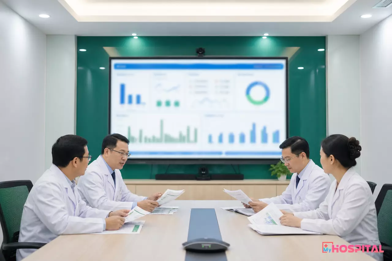 Ban giám đốc xem bản báo cáo tổng hợp trong buổi giao ban