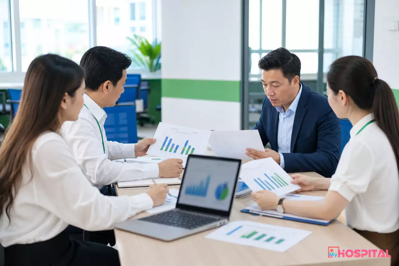 Kế toán trưởng và ban giám đốc bệnh viện xem báo cáo công nợ viện phí trong phòng họp