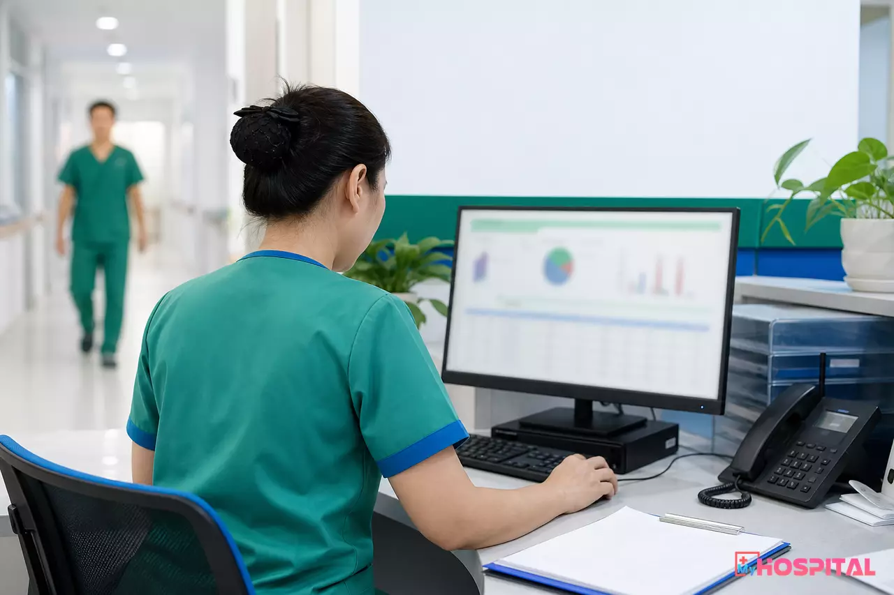 Điều dưỡng trưởng khoa nội trú xem báo cáo tổng hợp cuối ca tại quầy điều dưỡng