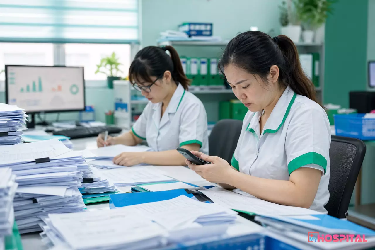 Nhân viên kế toán bệnh viện ngồi giữa chồng bảng kê và chứng từ giấy cuối tháng để tổng hợp doanh thu