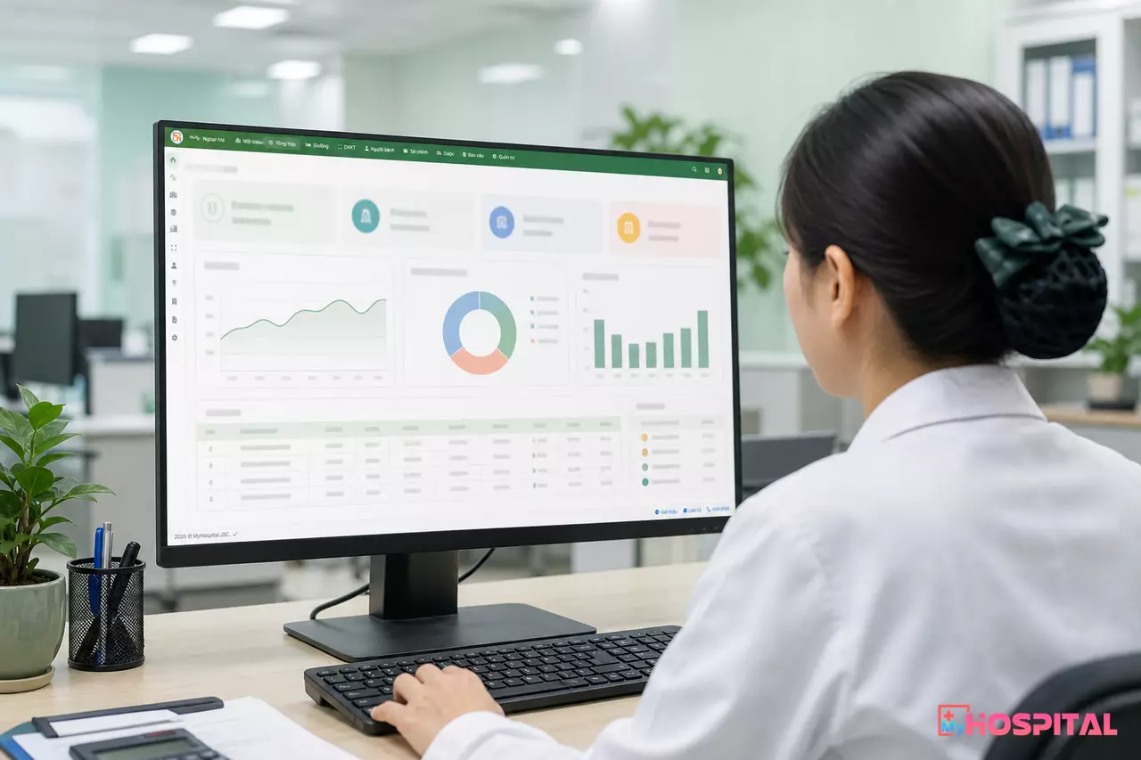 Kế toán trưởng xem báo cáo dự báo dòng tiền công nợ BHYT trên màn hình