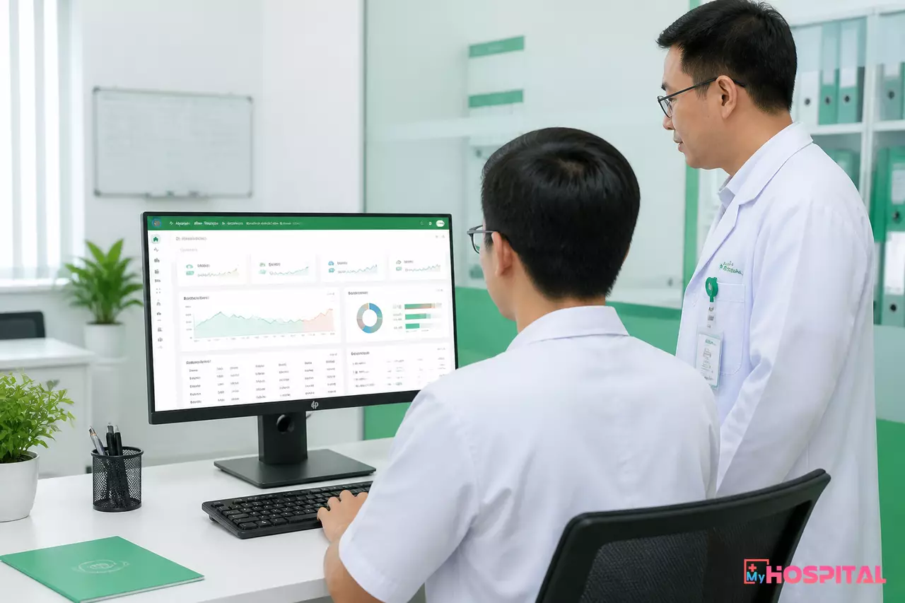 Phòng kế hoạch tổng hợp cùng trưởng khoa xem báo cáo hiệu suất khoa phòng trên phần mềm MyHospital