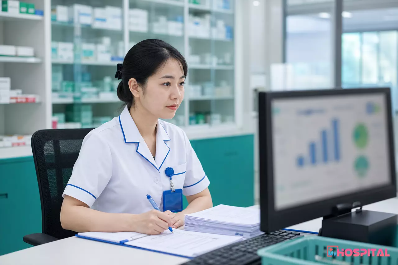 Dược sĩ thống kê xem báo cáo sử dụng thuốc trên máy tính tại khoa Dược bệnh viện