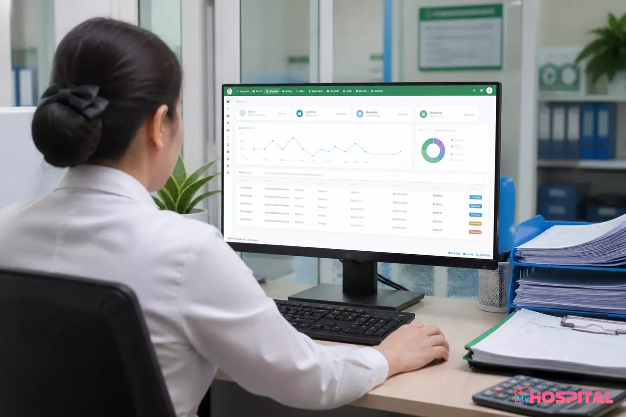 Kế toán trưởng theo dõi báo cáo tài chính trên phần mềm quản lý bệnh viện