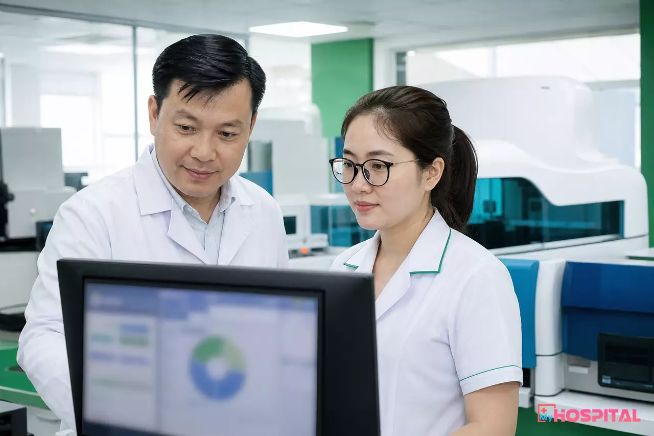 Trưởng khoa xét nghiệm và kỹ thuật viên cùng xem số liệu năng suất trong phòng xét nghiệm bệnh viện
