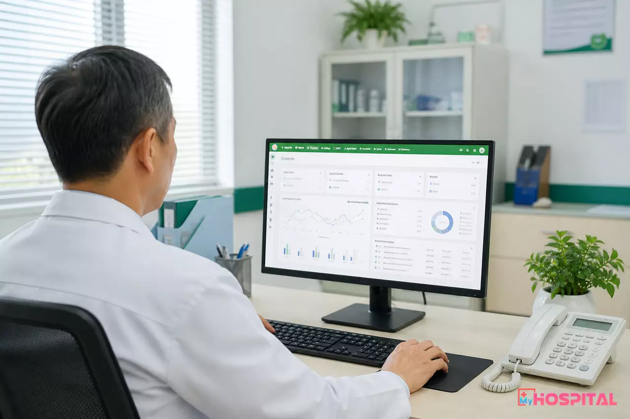 Trưởng khoa xét nghiệm xem màn hình báo cáo tổng hợp sản lượng theo ca và theo máy