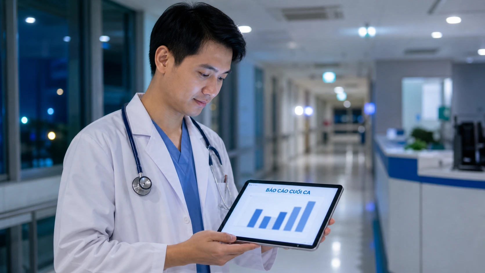 Bác sĩ xem báo cáo tổng hợp cuối ca trên bệnh án điện tử
