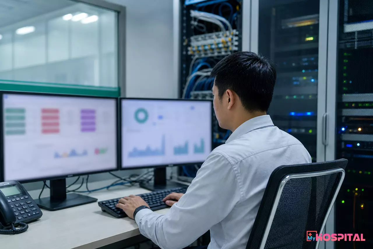 Nhân viên công nghệ thông tin bệnh viện làm việc với máy tính trong phòng kỹ thuật