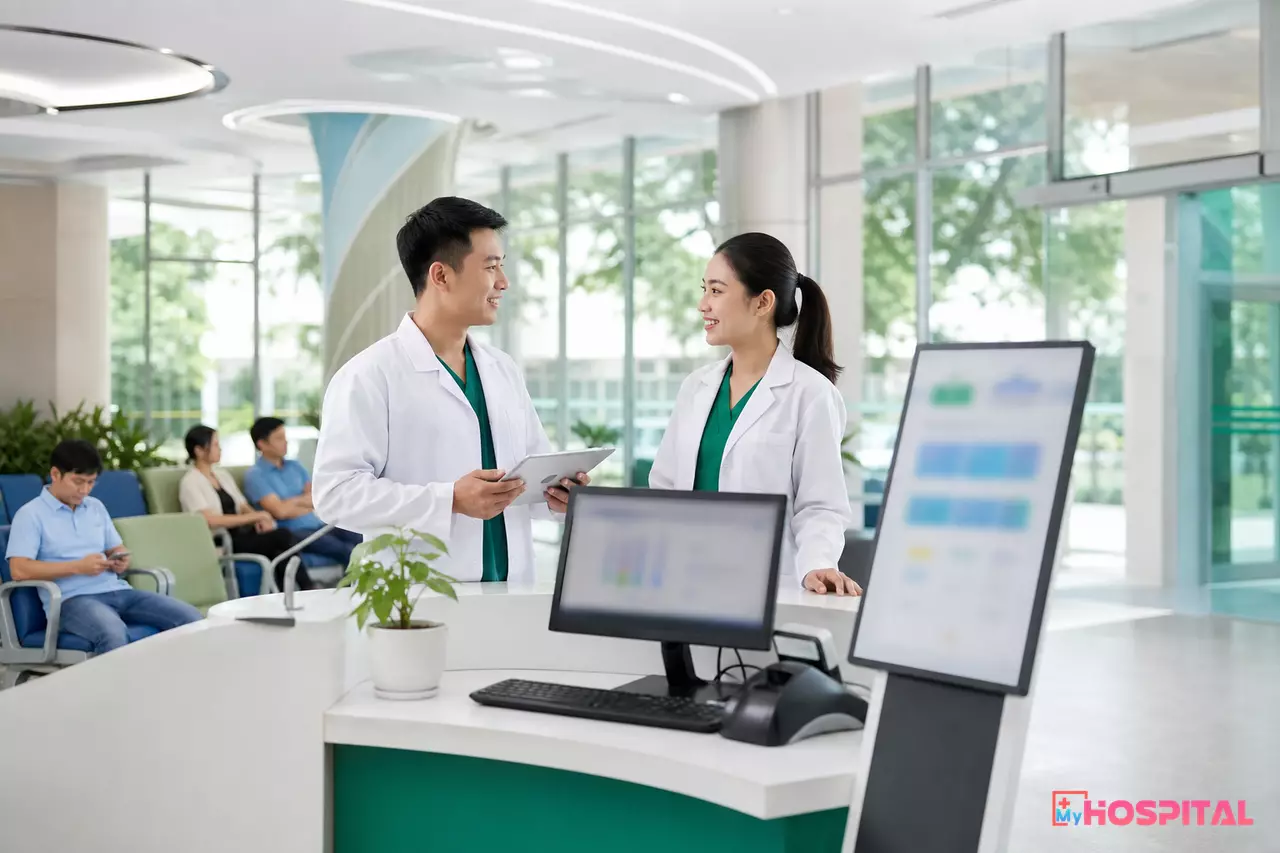 Nhân viên bệnh viện trao đổi tại khu vực tiếp đón trong quá trình số hóa quy trình khám chữa bệnh