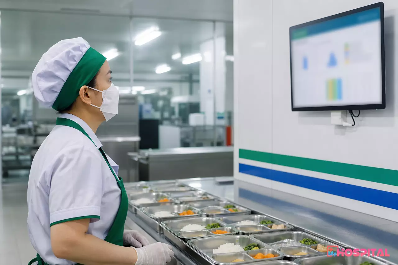 Nhân viên bếp ăn bệnh viện đối chiếu danh sách suất trên màn hình trước khi chia khay