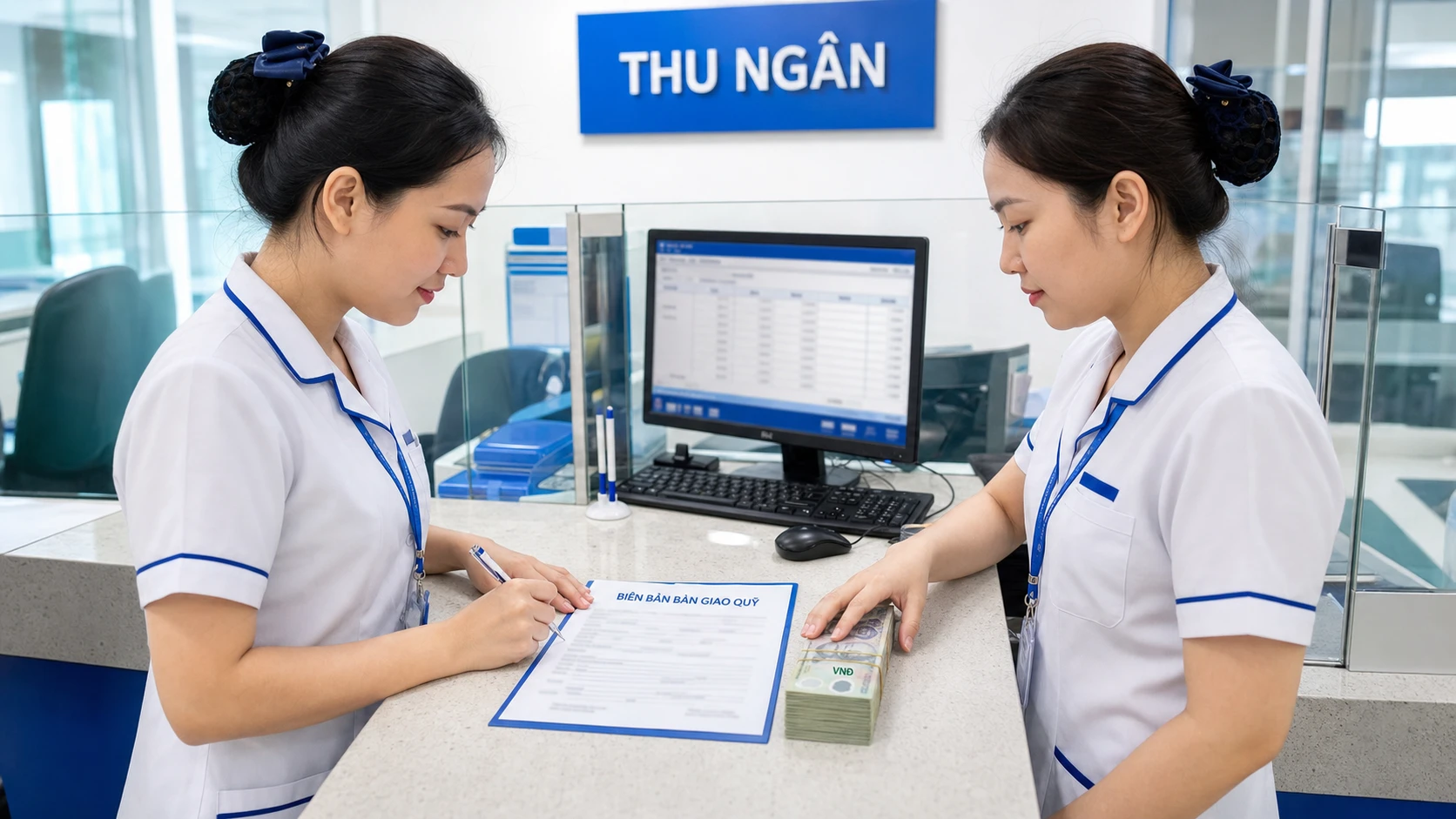 Hai thu ngân ký biên bản bàn giao quỹ giữa ca trực