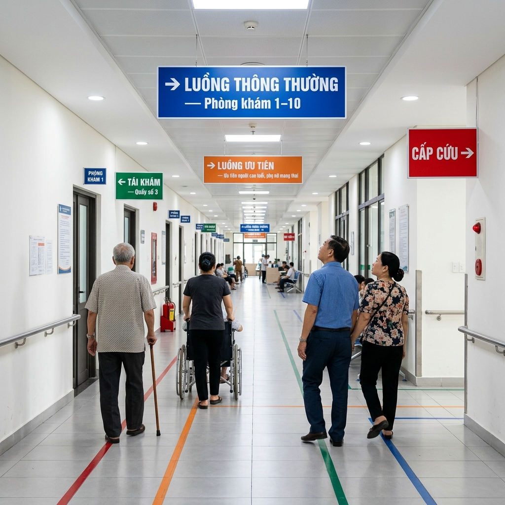 Biển báo chỉ dẫn người bệnh tại hành lang khoa khám bệnh với màu sắc phân biệt từng luồng