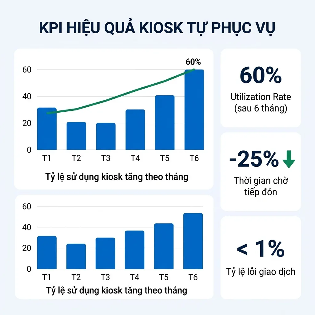 Biểu đồ KPI đo hiệu quả kiosk tự phục vụ tiếp đón theo tháng