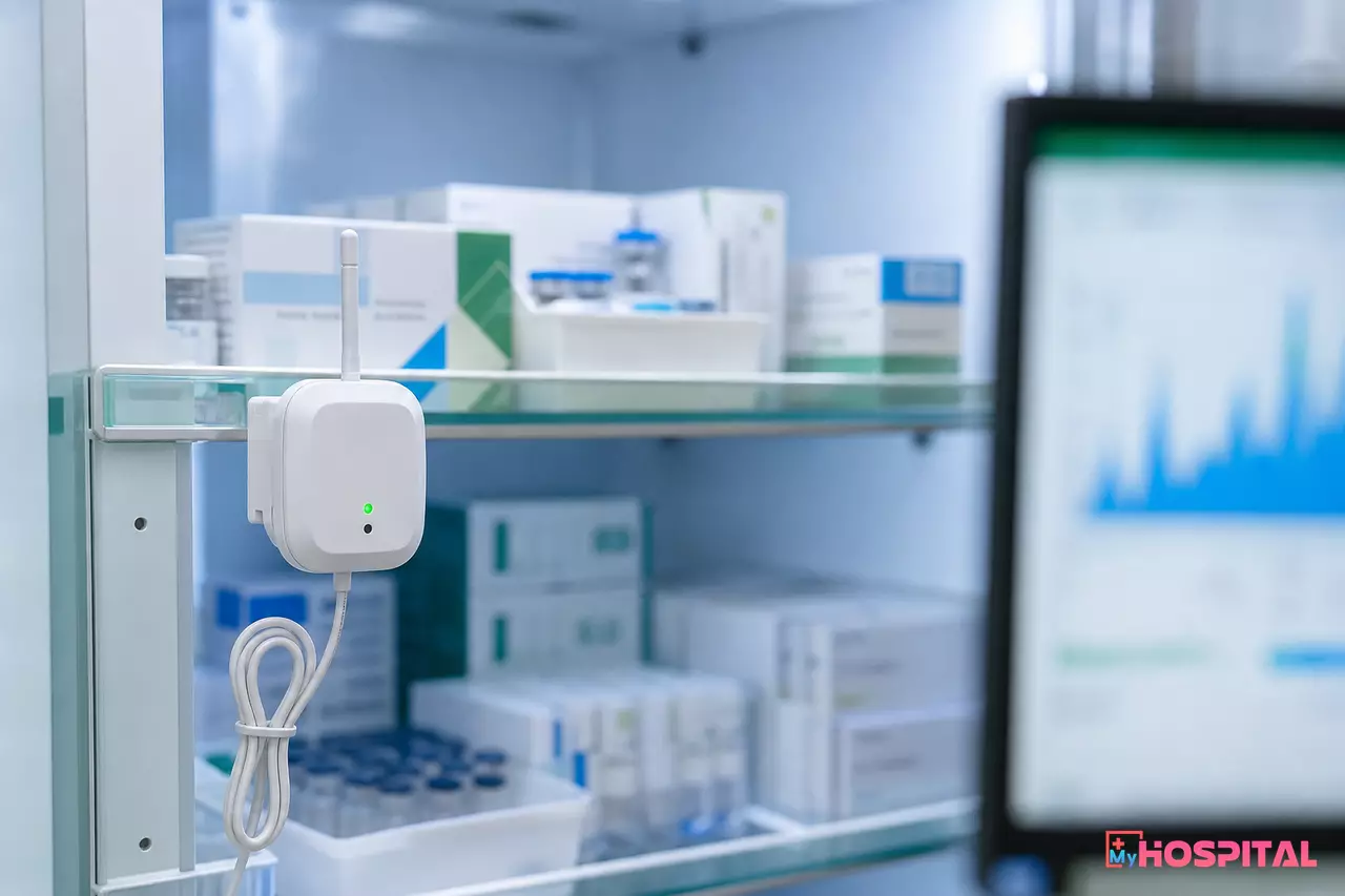 Cảm biến nhiệt độ không dây gắn trong tủ lạnh bảo quản thuốc tại kho dược