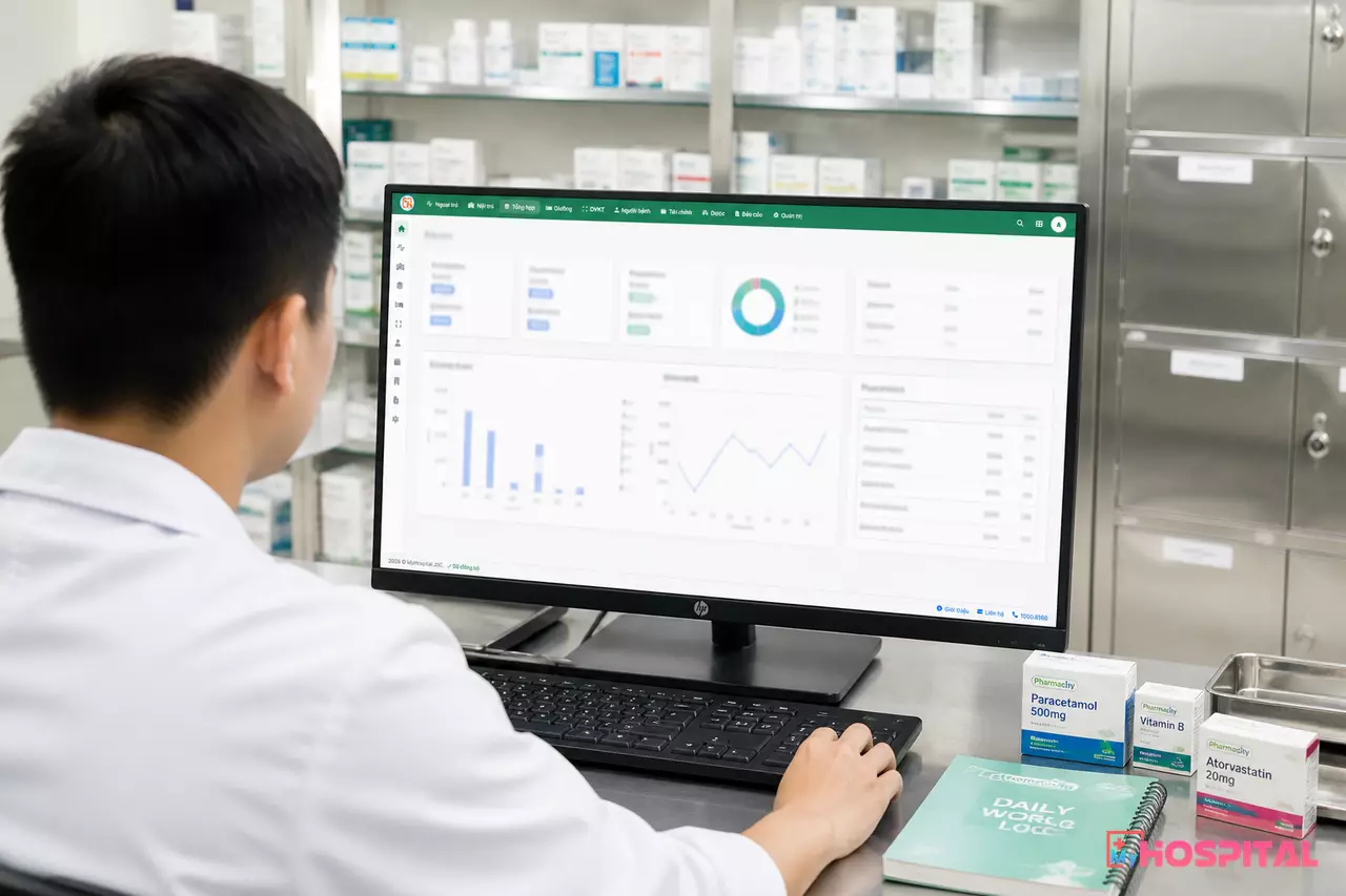 Màn hình phần mềm hiển thị cảnh báo điểm đặt hàng lại thuốc cấp cứu