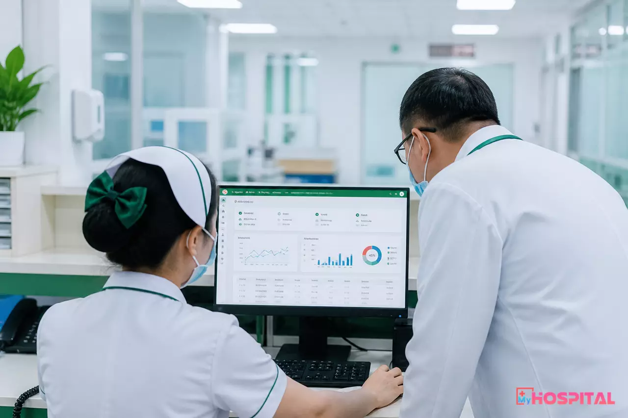 Điều dưỡng và bác sĩ tại trạm điều dưỡng cùng xem cảnh báo kết quả xét nghiệm trên máy tính