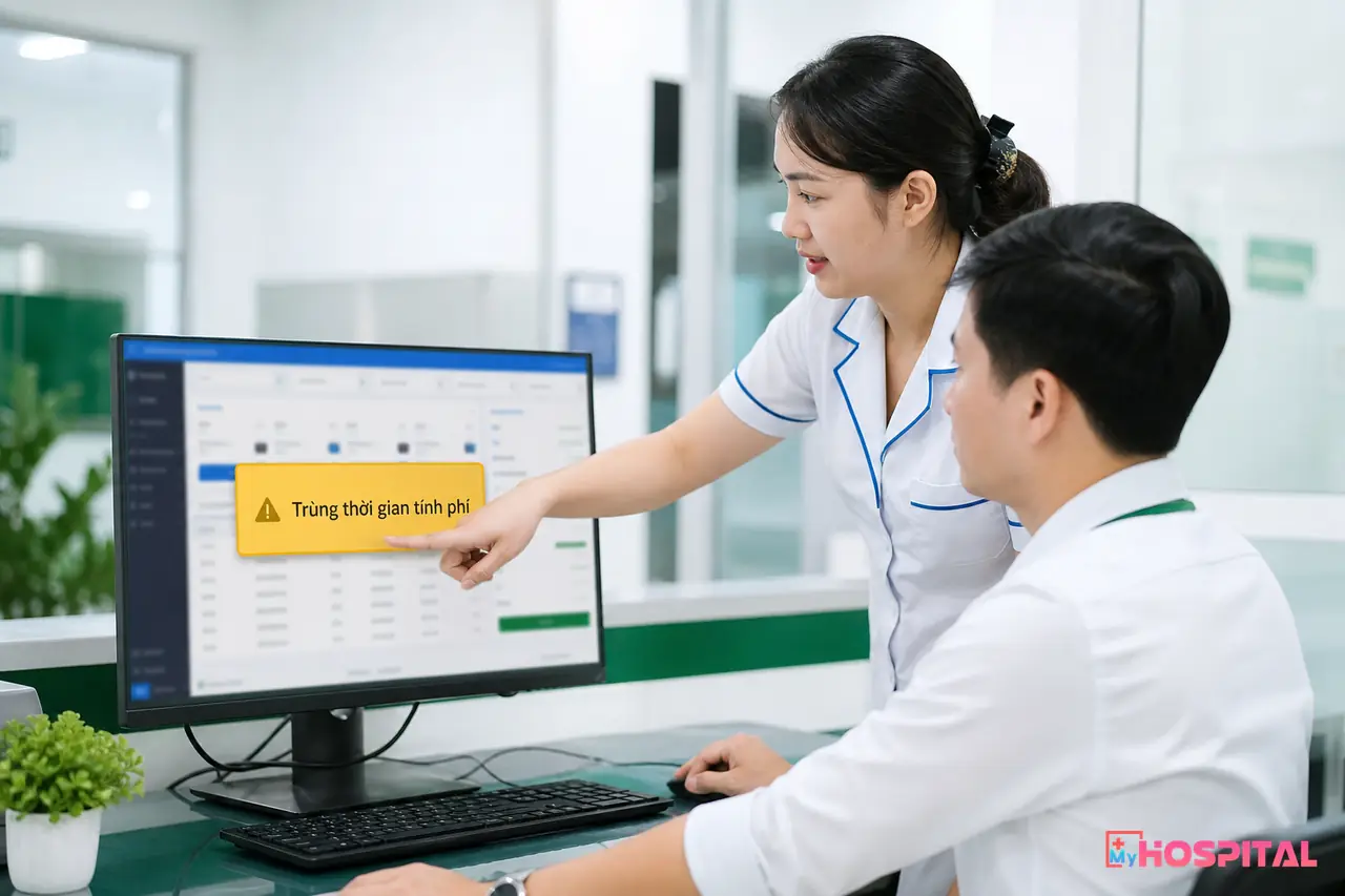 Trưởng nhóm thu ngân xem cảnh báo tính trùng tiền phòng trên phần mềm quản lý bệnh viện